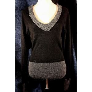 Free People (M) Wool, deep V-neck, long sleeves, black w/ silver sequins sweater